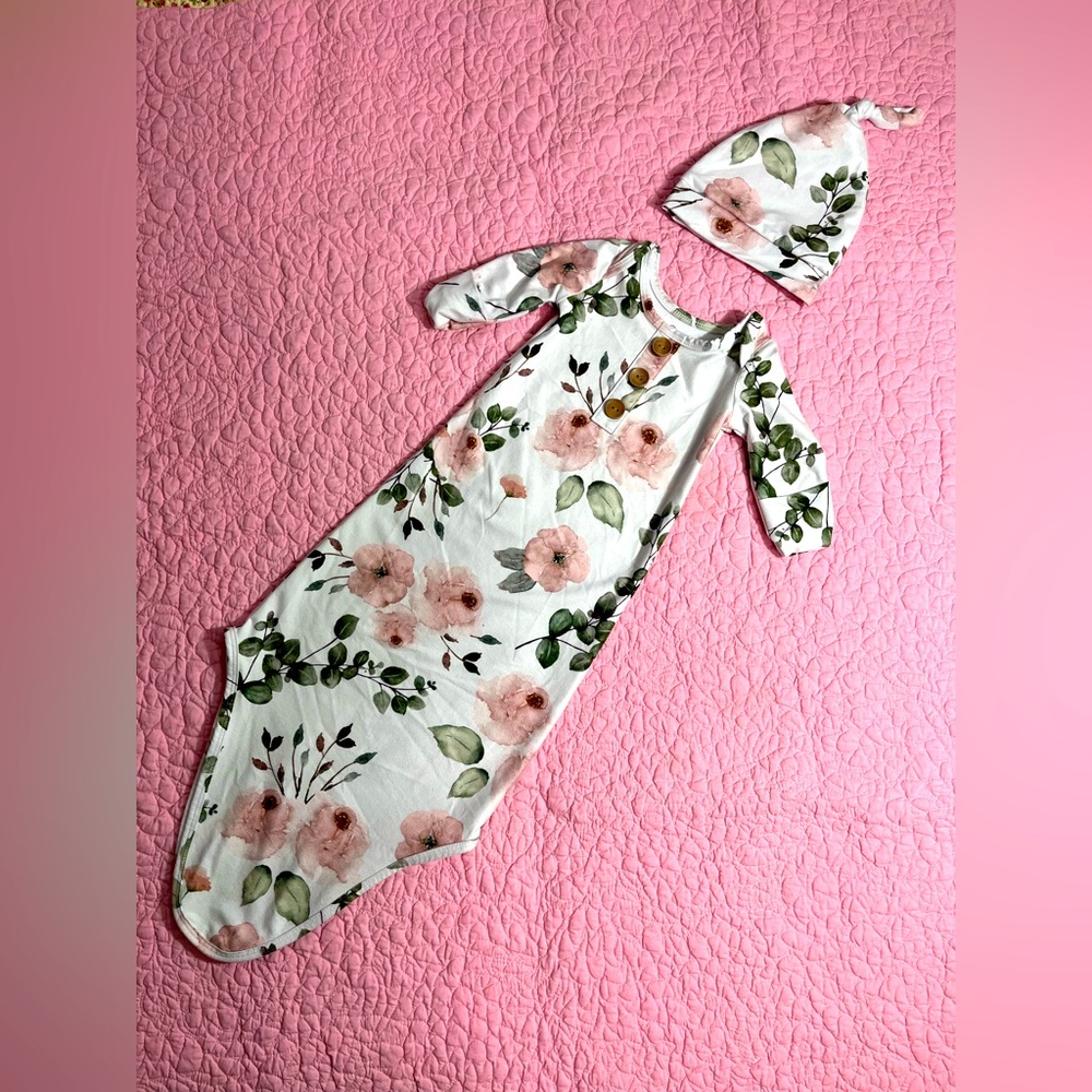 Caden Lane Millie’s Dusty Rose Garden Knot Gown and Hat Set 0-3